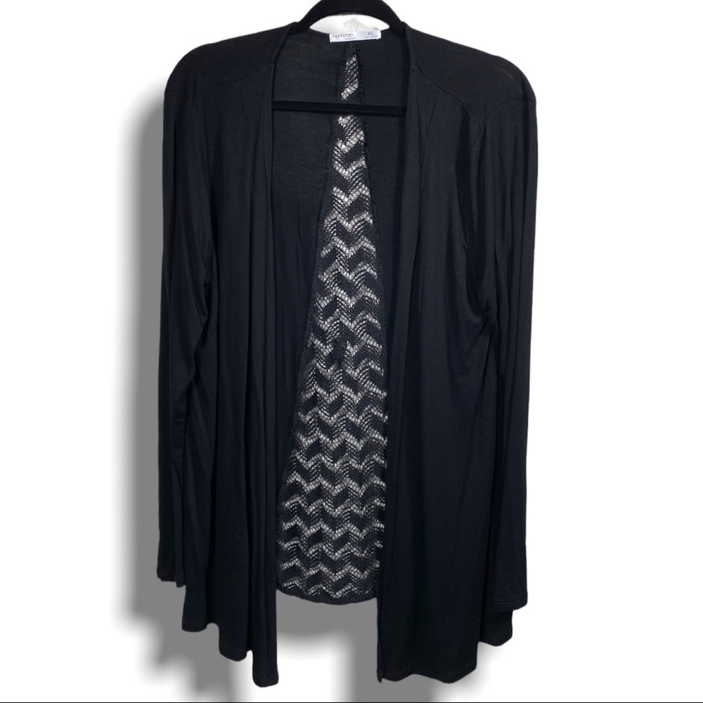Femme by Tresics women's open knit cardigan XL black lace design back dressy